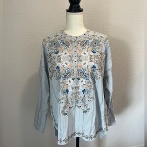 Johnny Was Blue and Cream Embroidered Blouse